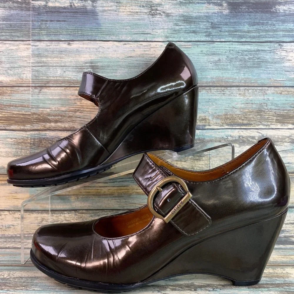 Geox Mary Jane Shoes Womens Size 9M Dark Bronze Patent Leather Wedge Heel